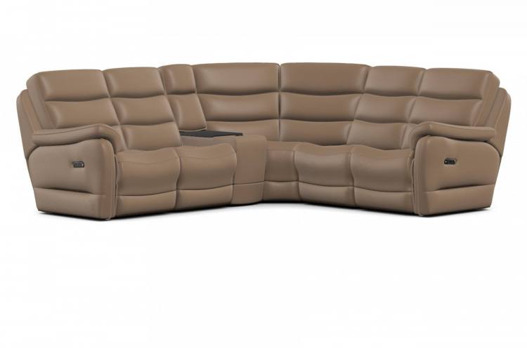 Anderson corner unit shown in Dolce Taupe leather with power operated recliner end seats 