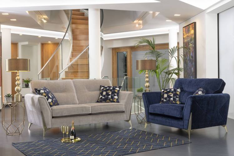 The Alstons Artemis 2 Seater Sofa in Taupe Opulence Chenille Plainand Snuggler Chair in Midnight Blue Opulence Chenille Plain