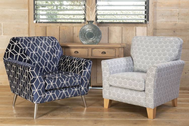 Cosy Juno Accent chair in Fabric 1032, Chrome legs only. Cosy Gallery Accent chair in fabric 1162, light legs.