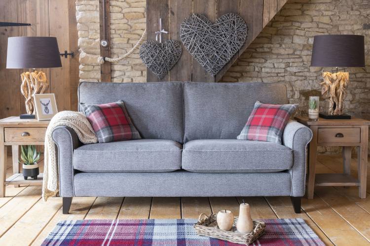 Poppy 3 seater sofa (high legs only) in fabric 1767, small scatter cushions in fabric 1621, dark legs