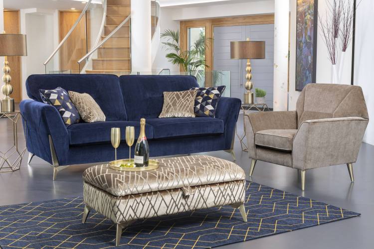 The Alstons Grand Sofa in Midnight Blue Opulence Chenille and Accent Chair in Platinum Lecco Chenille Plain 