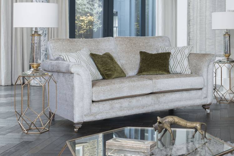 Pictured in fabric 2698 (Band A), large scatter cushions in 2148, small scatter cushions in 2690, smokey oak/satin nickel castor legs (FM3).