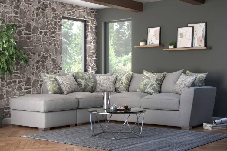 Pictured in Barley Silver with Camelia Winter pillow back cushions, Script Grey scatter cushions and Mid Oak feet