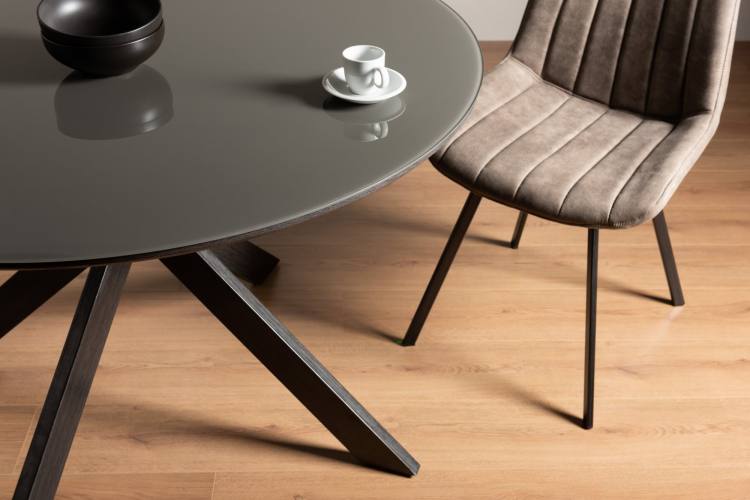 The Bentley Designs Hirst Grey Painted Tempered Glass 4 Seater Table on Display 