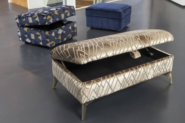 The Alstons Artemis Ottoman in Gold Shard Velvet on Display with Storage Stool in Midnight Blue Couture Velvet