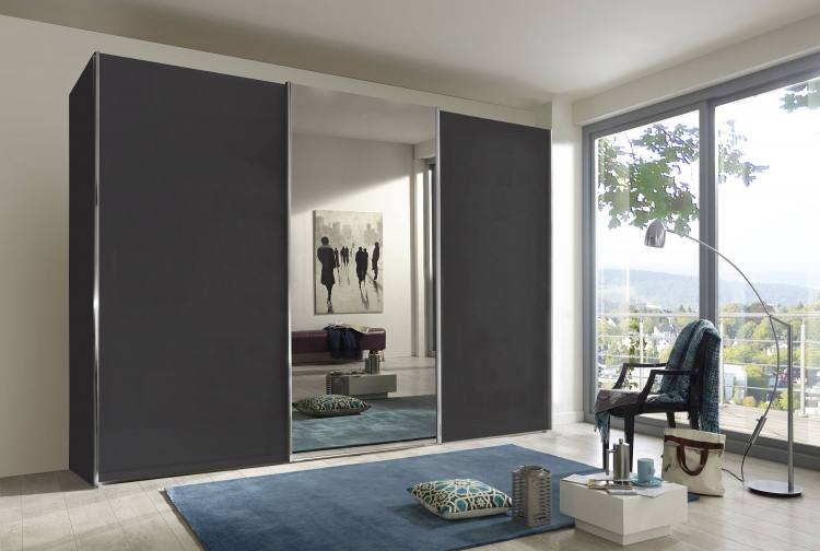 Pictured in Graphite with Mirrored Centre Door. Plain door design with Chrome handles.