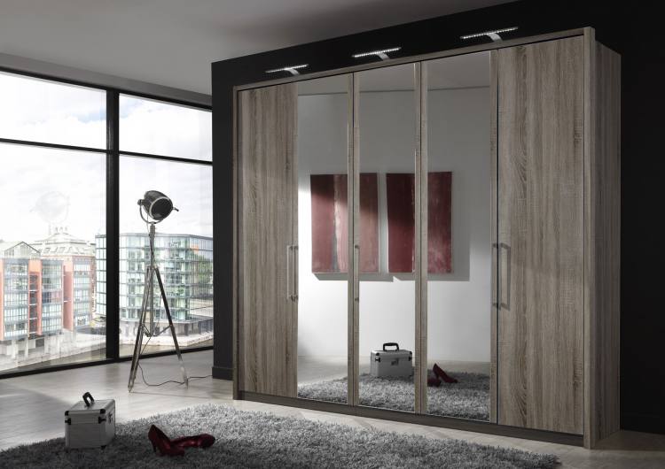 Wiemann Berlin Hinged-Door Wardrobe picture in Dark Rustic Oak with 3 Mirrored Doors