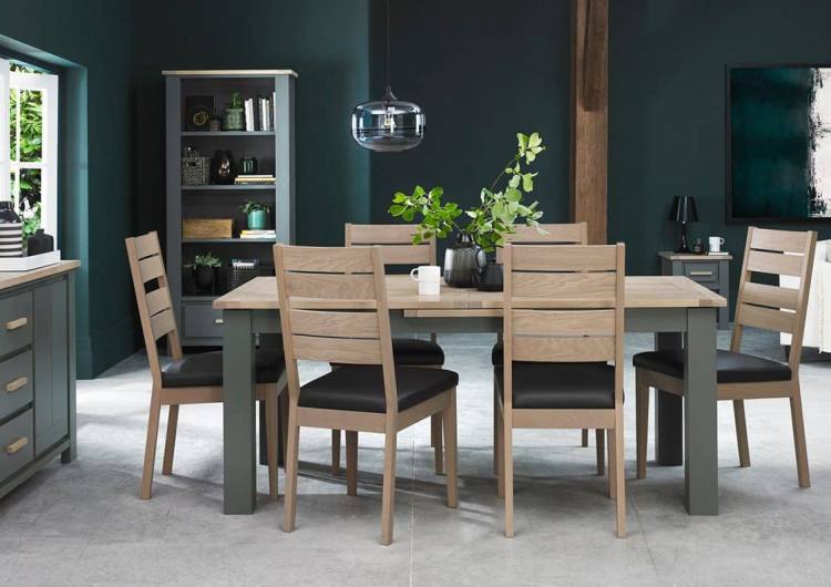 The Bentley Designs Oakham Scandi Oak Chair - Dakr Grey Faux Leather on Display with the Oakham Collection