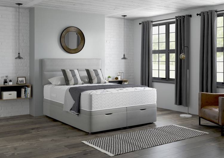 Relyon Comfort Deluxe Latex 1500 Divan Bed shown with a Contour headboard (sold separately) on an ottoman base in Mist fabric