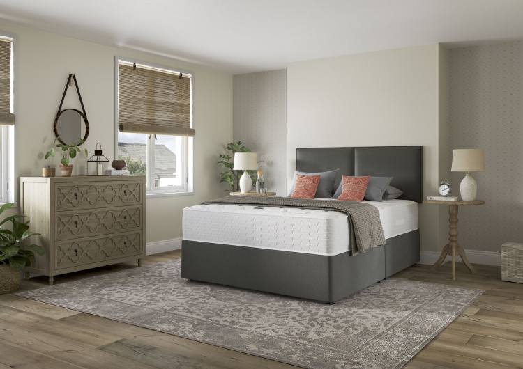 Relyon Comfort Deluxe 1000 Divan Bed shown with a Cirrus headboard (sold separately) on a standard base in Flint fabric