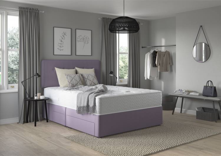 Relyon Comfort Deluxe Memory 1400 Divan Bed shown with a Buttons headboard (sold separately) on a standard base with 2+2 drawers in Amethyst fabric