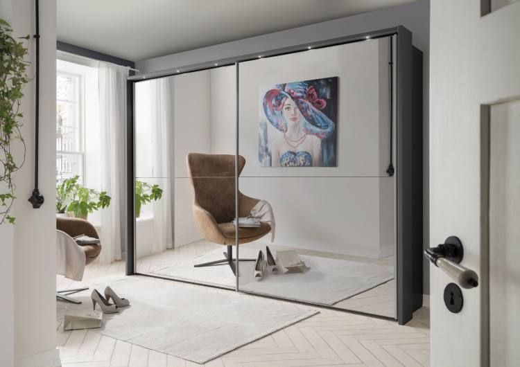 Pictured in Graphite with 4 Mirrored Panels. Passe-partout frame with lights sold separately.