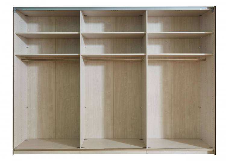 The wardrobe has three roomy compartments. All come with 2 adjustable shelves and a hanging rail as standard.