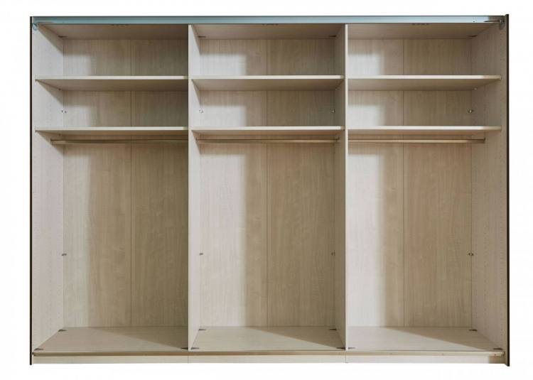 Wardrobe interior (300cm) example. 250cm wardrobe has 2 x100cm interiors with 1 central interior of 47.5 cm. Each compartment has 2 adjustable shelves and a hanging rail. 