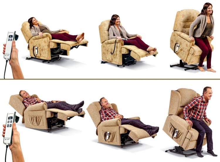 Single and Dual Motor positions. On the Dual Motor version (bottom) the backrest and footrest adjust independently and the chair reclines further