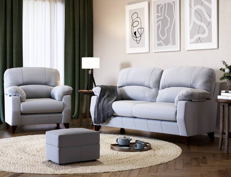 Austin sofa with matching chair & storage stool in Puglia Cinder leather 