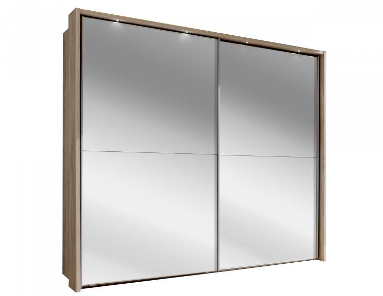 Pictured in Light Rustic Oak with 4 Mirrored Panels. Passe-partout frame with lights sold separately.
