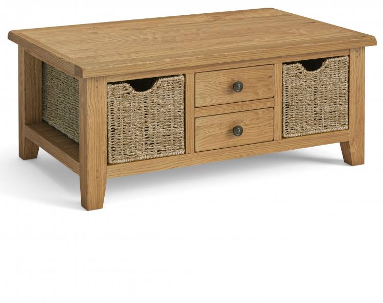 Coffee table shown with round knob handles 