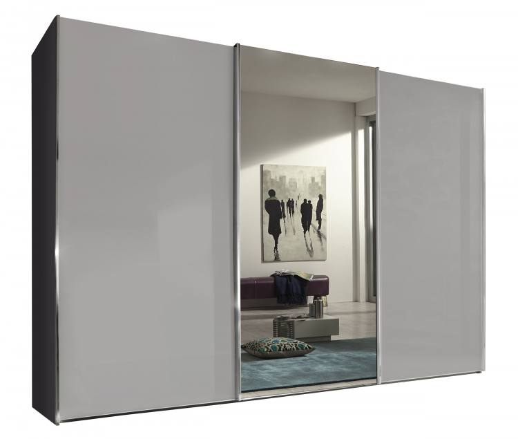 Pictured with Graphite carcass, Pebble Grey Glass Doors and centre Mirror. Plain door design and Chrome handles.