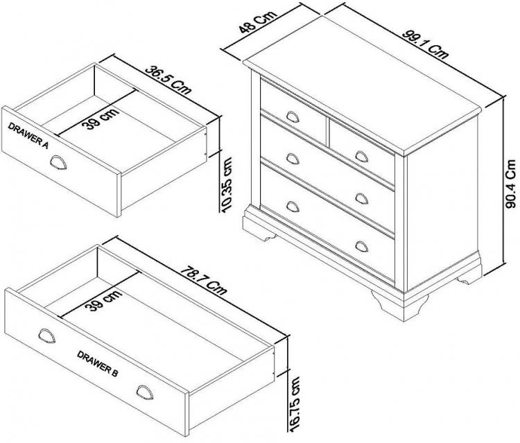 Measurements for the Bentley Designs Hampstead Soft Grey & Pale Oak 2+2 Drawer Chest