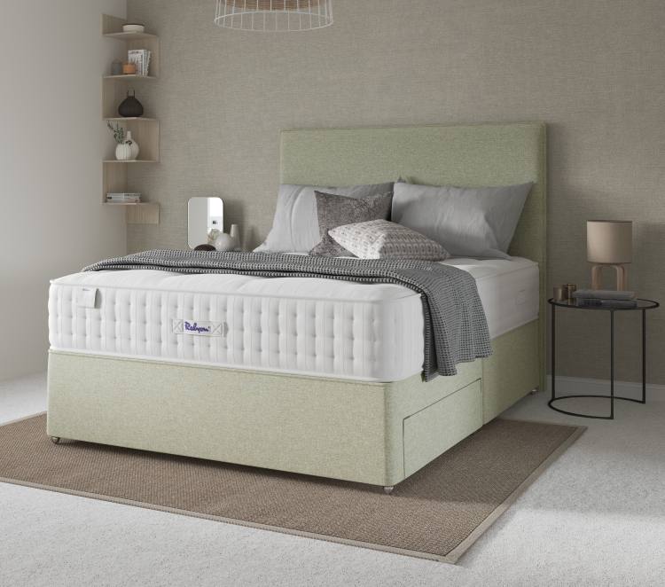 Heyford bed shown in a room setting with Modern floor standing headboard 