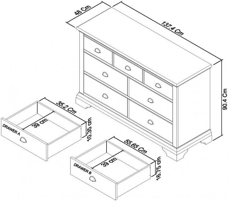 Measurements for the Bentley Designs Hampstead Soft Grey & Pale Oak 3+4 Drawer Wide Chest