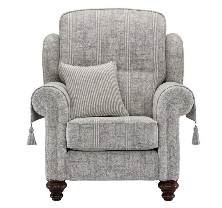 Balmoral Winged Chair shown in Aberdeen Floral Pebble fabric with Scotland Plain outer and Kilmarnock Pinstripe Pebble scatter cushion