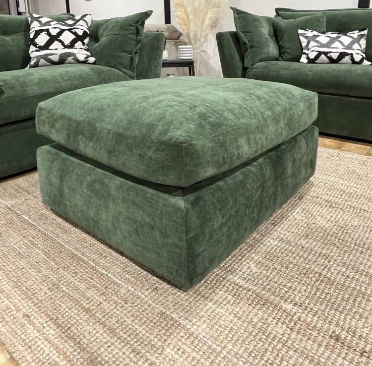 Sully Footstool shown in Villa Moss fabric 