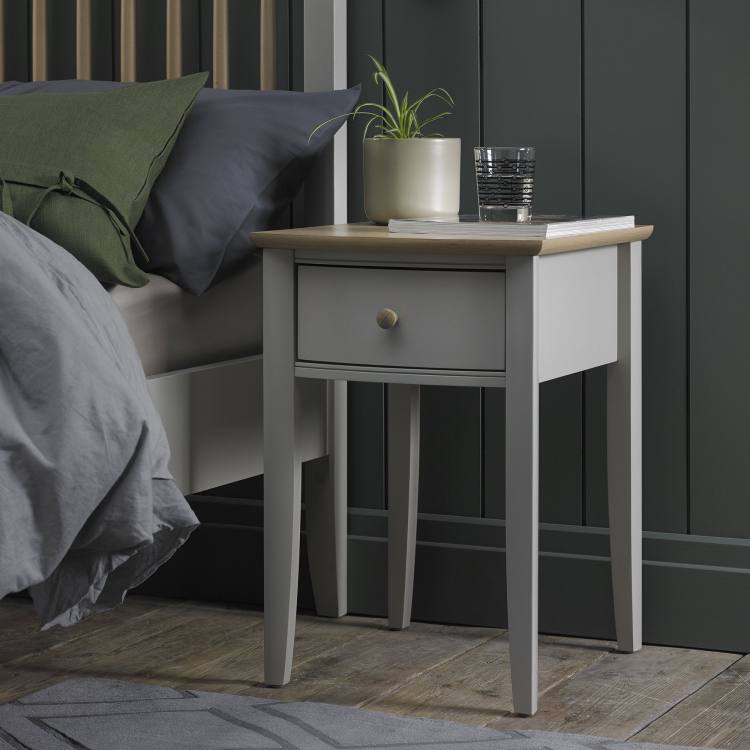 Bentley Designs Whitby Scandi Oak & Warm Grey 1 Drawer Nightstand and Low Footend Bedstead