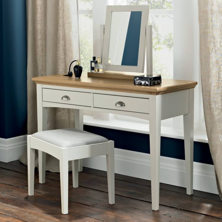 The Bentley Designs Hampstead Soft Grey & Oak Vanity Mirrorm, Dressing Table and Stool