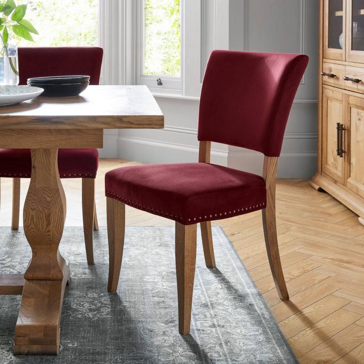 Bentley Designs Rustic Oak Upholstered Chair - Crimson Velvet Fabric
