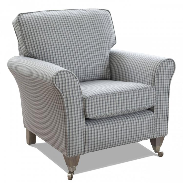 Pictured in the exclusive Lancaster accent fabric 9232, Smokey oak satin nickel castor legs.