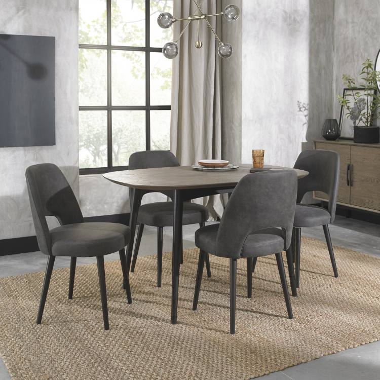 Bentley Designs Vintage Weathered Oak Upholstered Chair in Dark Grey on Display with 4 Seater Table