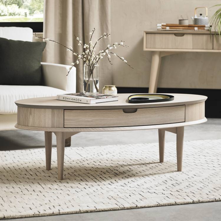 Bentley Designs Dansk Scandi Oak Coffee Table with Drawer on Display