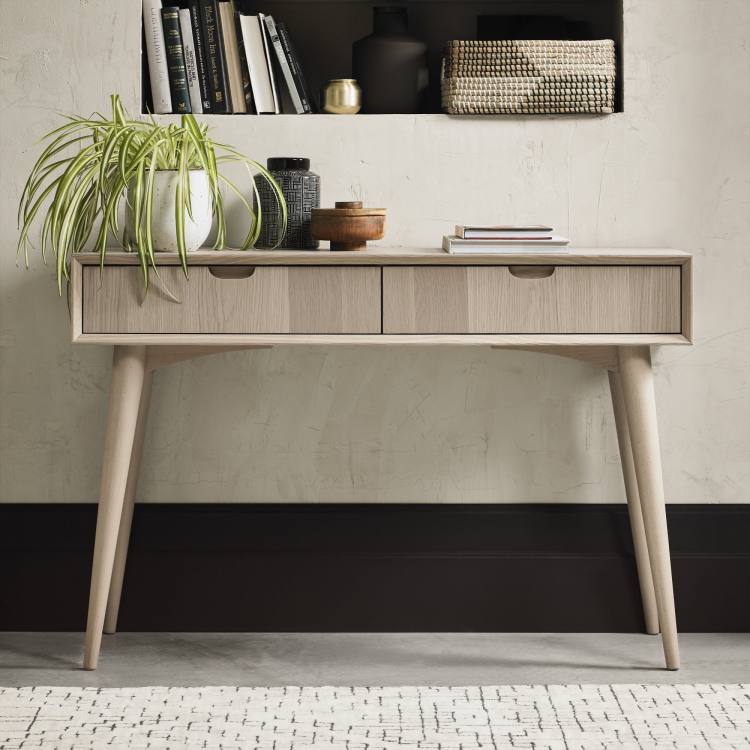 Bentley Designs Dansk Scandi Oak Console Table with Drawers on Display