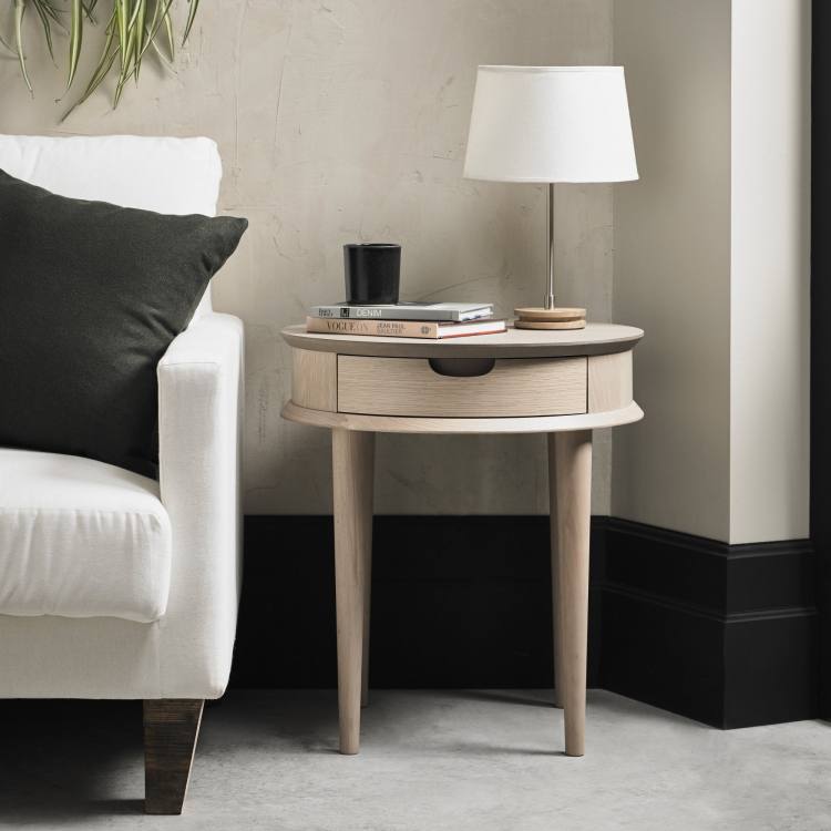 Bentley Designs Dansk Scandi Oak Lamp Table With Drawer on Display