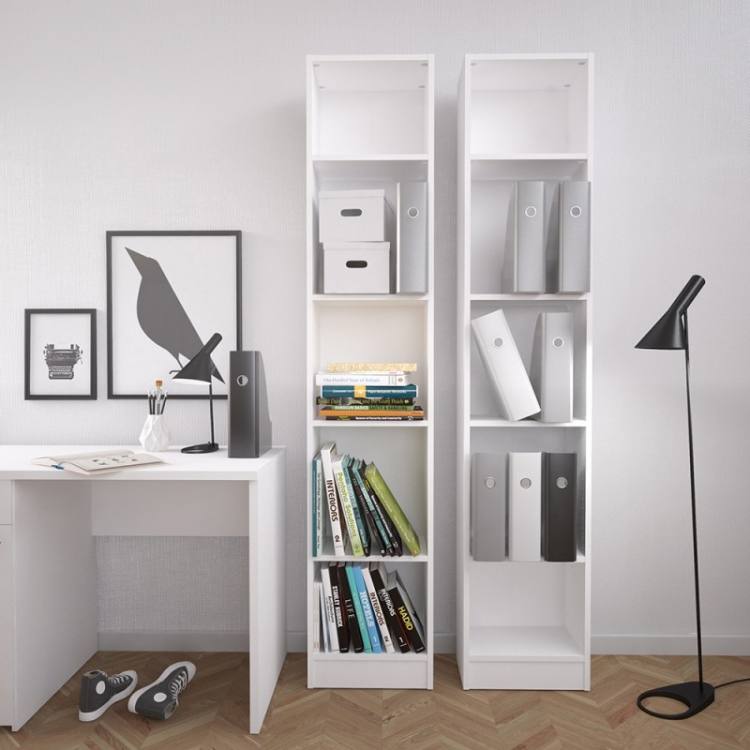 Basic Tall Narrow Bookcase (4 Shelves) in White on Display