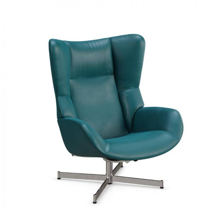 Kebe Fox swivel chair in soft 36 Petrol leather with a Fuga chrome base 