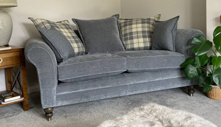 Cleveland 2 seater sofa in fabric 2747, 2 x Pillow Back Cushion Fabric in 2509, 1 x Pillow Back Cushion in 2747 and 2 x small scatter cushions in 2557