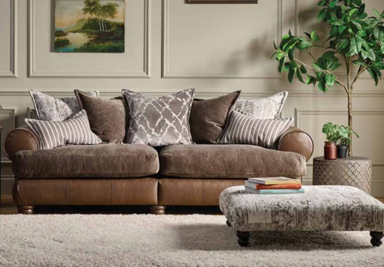 Sofa shown in Lazio Brown leather with seat cushion fabric in Pablo Mole & cushions in Craven Truffle, Harlequin Mink & Cowling Truffle 