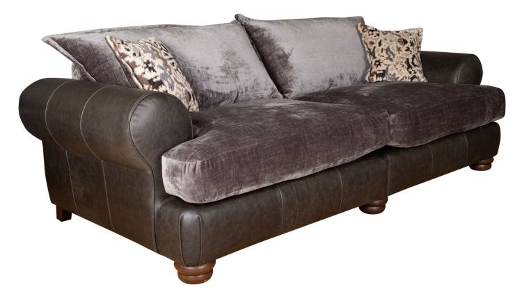 Sofa shown in Lazio grey leather with Kairo Grey fabric, scatter cushions in Burnaby Mono 