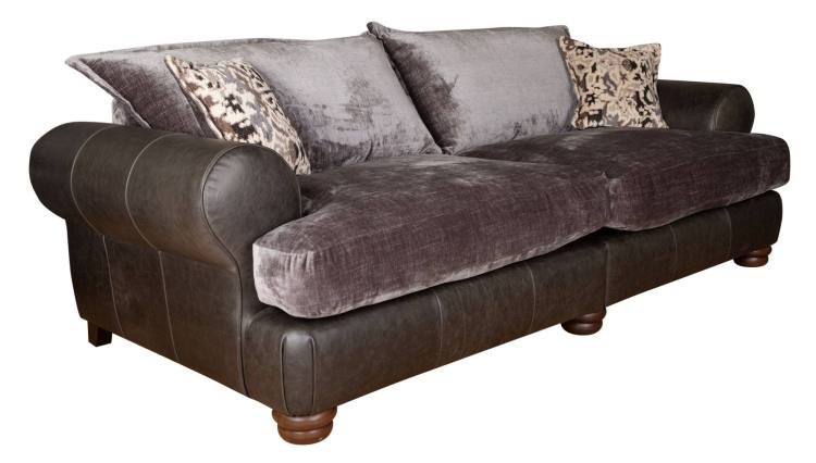 Modular 4 seater sofa shown in Lazio grey leather with Kairo Grey fabric, scatter cushions in Burnaby Mono 
