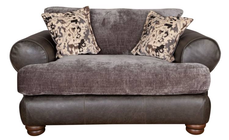 Horatio Mix Snuggler Love chair shown in Lazio grey leather with Kairo grey fabric, scatter cushions in fabric Burnaby Mono 