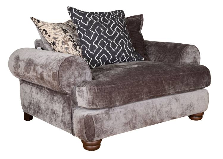Angled view, cushions in fabric Kairo Grey, Burnaby Mono & Otis Mono 