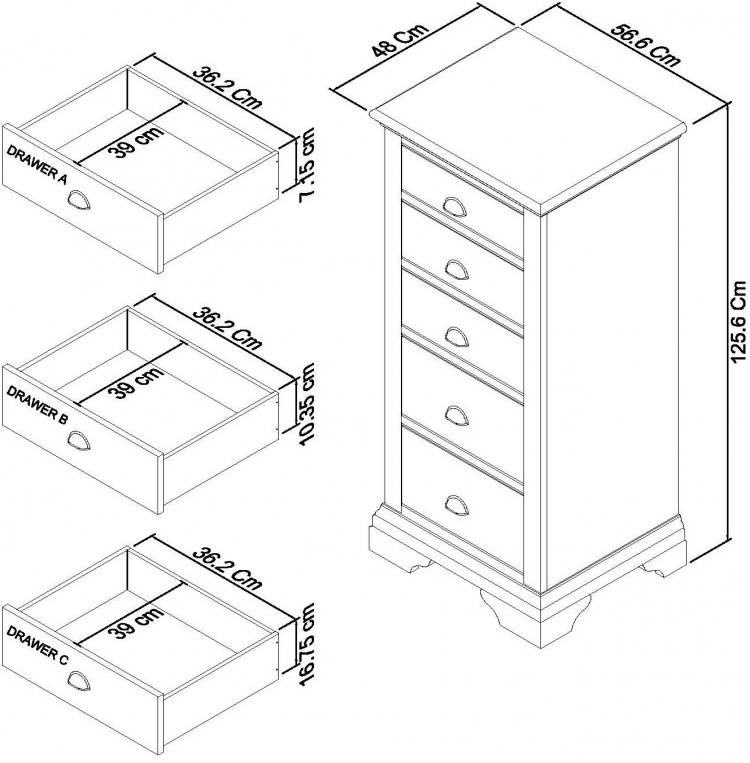 Measurements for the Bentley Designs Hampstead Soft Grey & Pale Oak 5 Drawer Tall Chest