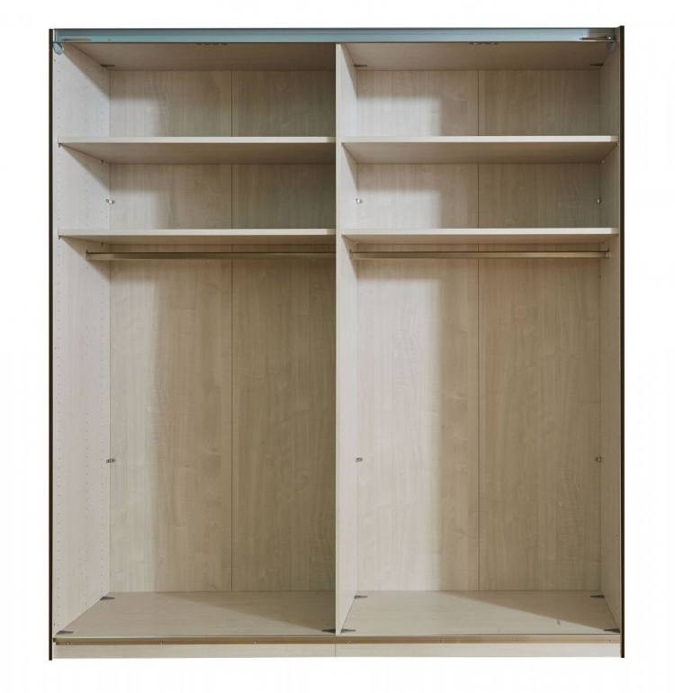 Wardrobe interior. 2 x 96.4cm compartments each has 2 adjustable shelves and hanging rail 