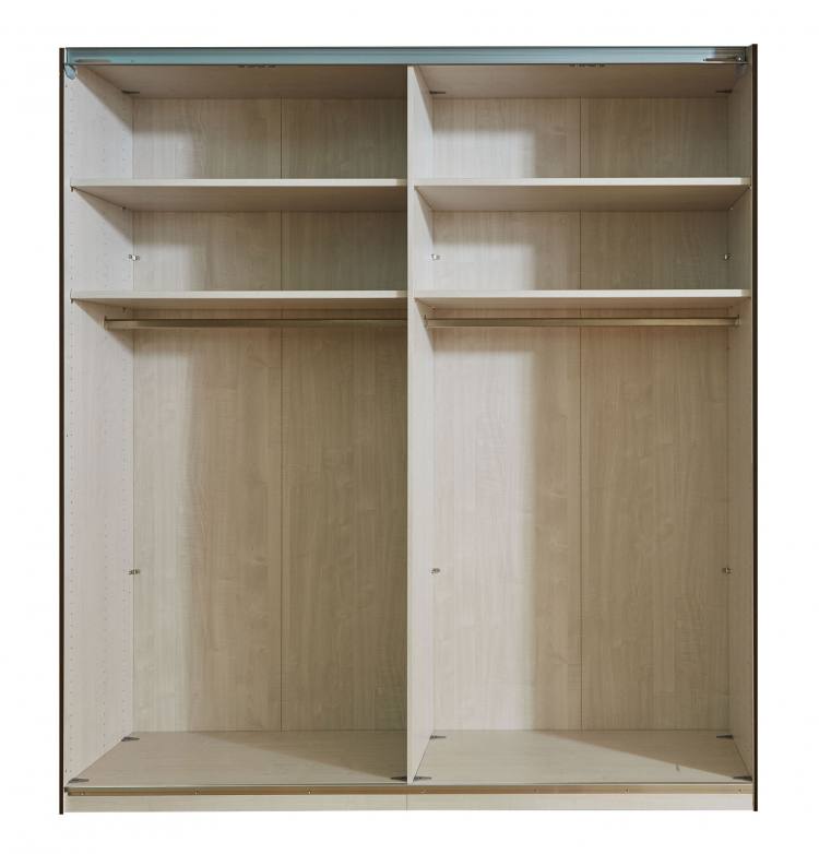 Example interior. The Berlin 150cm Wardrobe has two compartments, one 96.4cm wide the other 47.5cm. Both compartments are fitted with 2 adjustable shelves and a hanging rail as standard 
