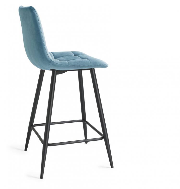 The Bentley Designs Mondrian Petrol Blue Velvet Fabric Bar Stools with Sand Black Powder Coated Legs (Pair)