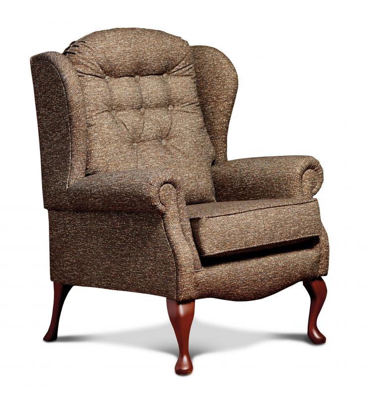 Chair pictured in a brown fabric with Dark finish Queen Anne legs