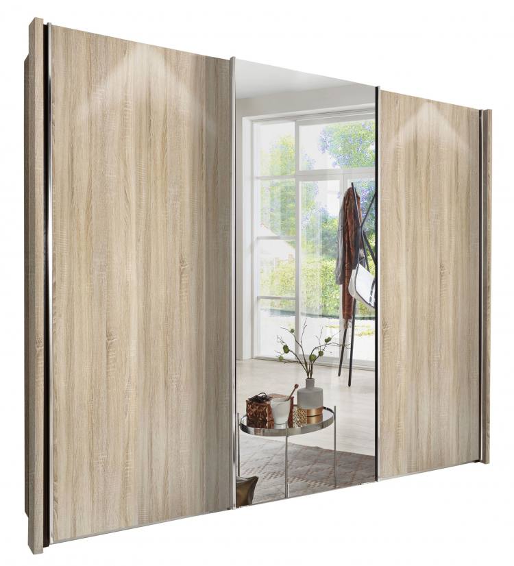 Pictured in Light Rustic Oak with Mirrored Centre Door. Plain door design with Chrome handles.Optional Chunky Side Profiles sold separately.